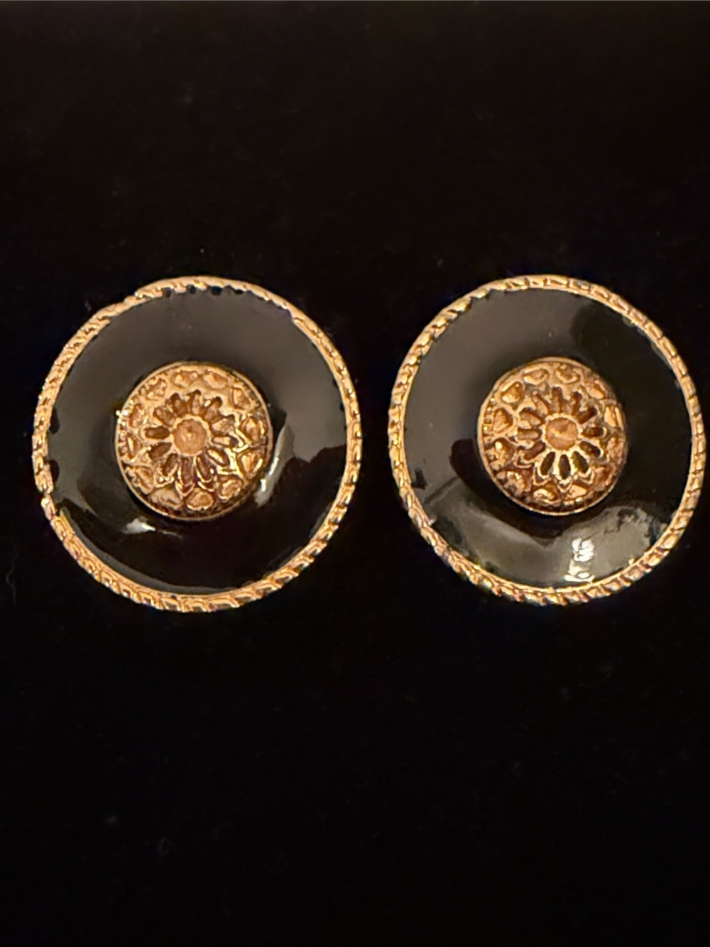 Vintage Black and Gold Stud Earrings Floral